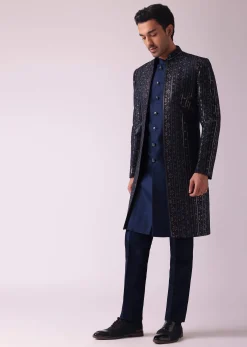 Navy Blue Indowestern Set In Dupion