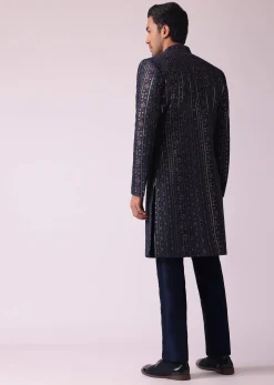 Navy Blue Indowestern Set In Dupion