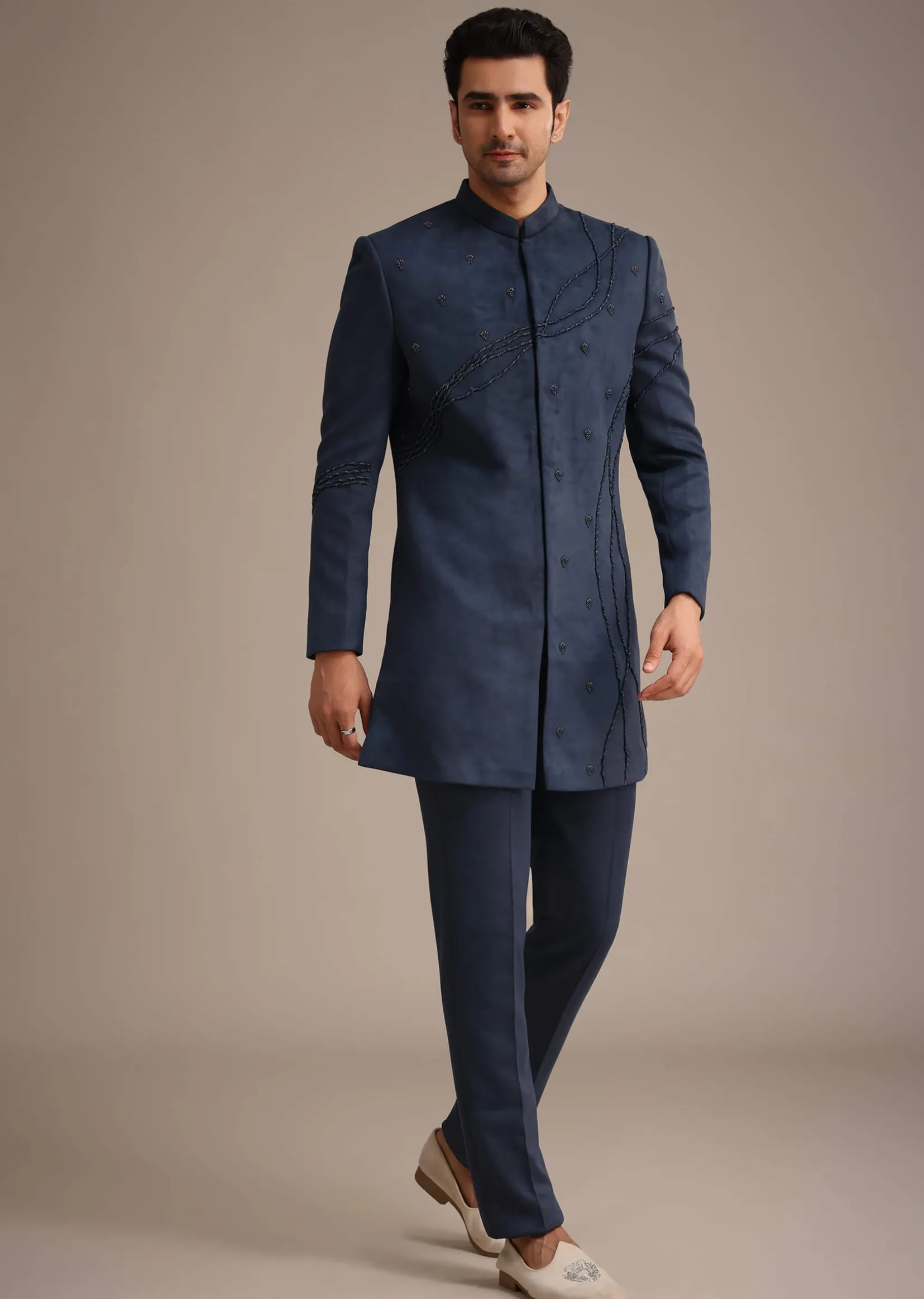 Navy Blue Indowestern Set With Dori Hand Work