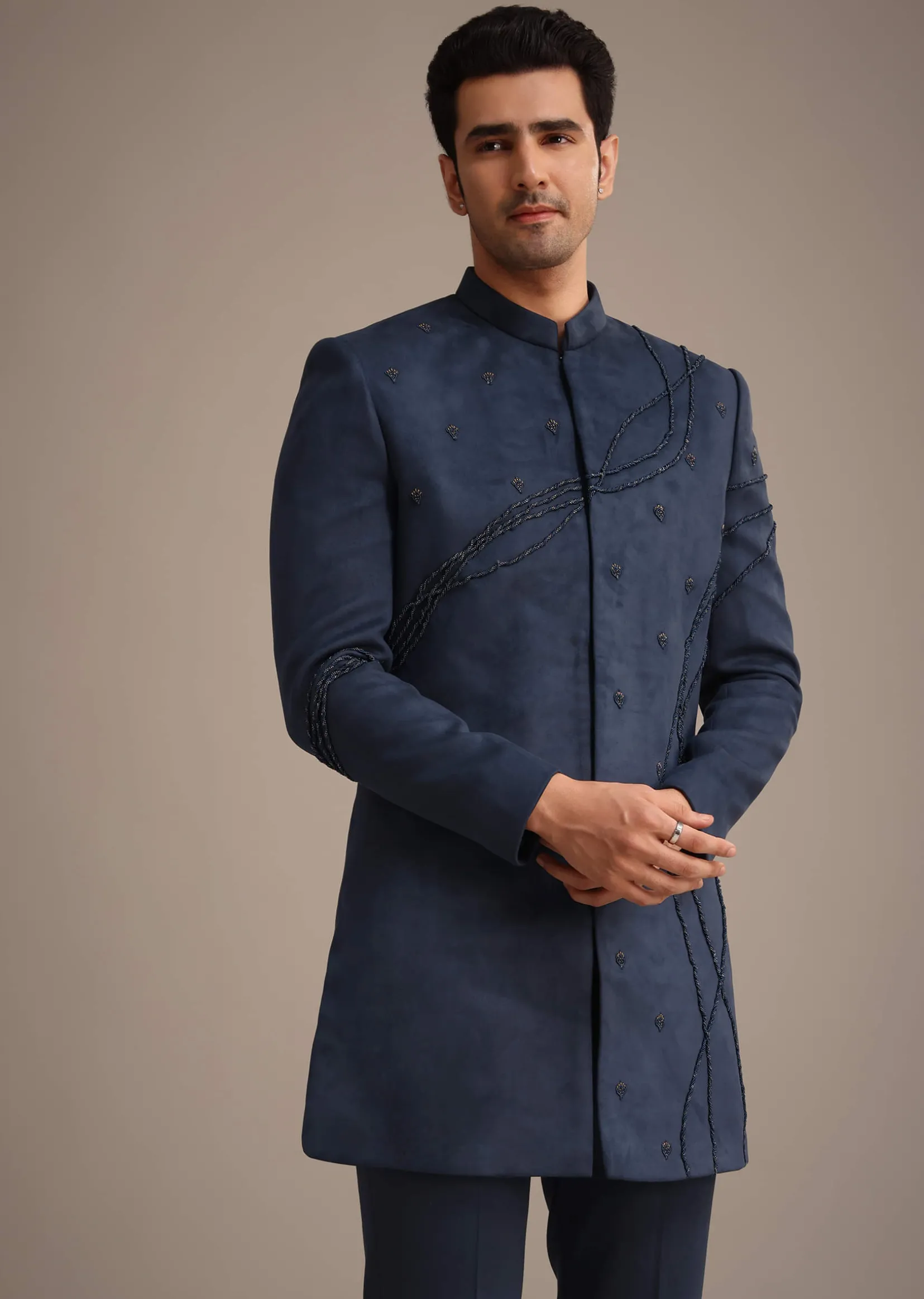Navy Blue Indowestern Set With Dori Hand Work