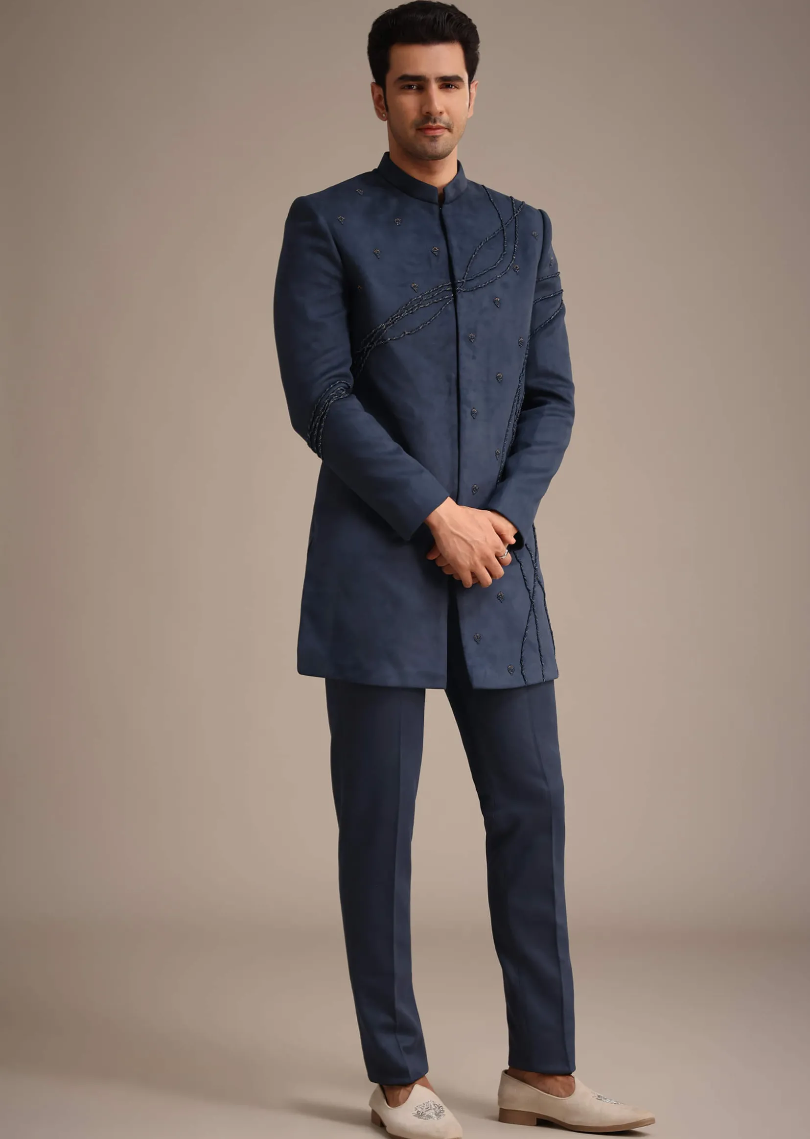 Navy Blue Indowestern Set With Dori Hand Work