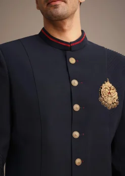 Navy Blue Indowestern Set With Animal Motif Broach