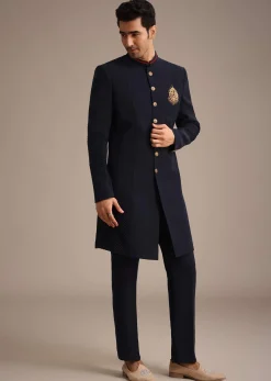 Navy Blue Indowestern Set With Animal Motif Broach