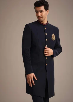 Navy Blue Indowestern Set With Animal Motif Broach