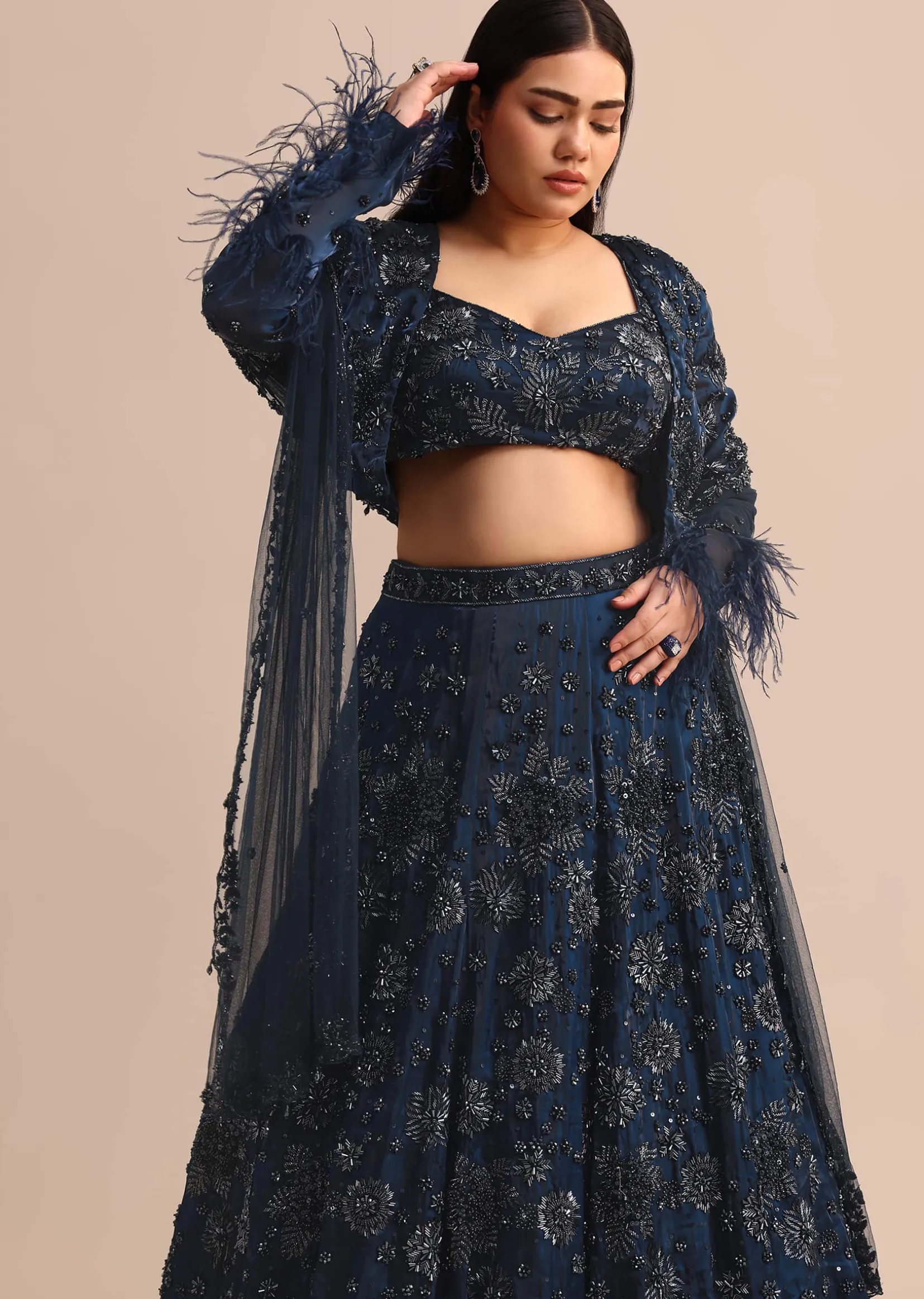 Navy Blue Jacket Kali Lehenga With Dupatta