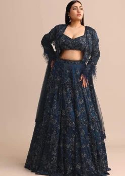 Navy Blue Jacket Kali Lehenga With Dupatta