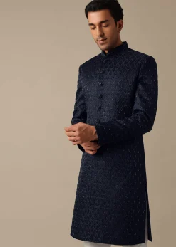 Navy Blue Jacquard Sherwani Set With Cutdana Embroidery