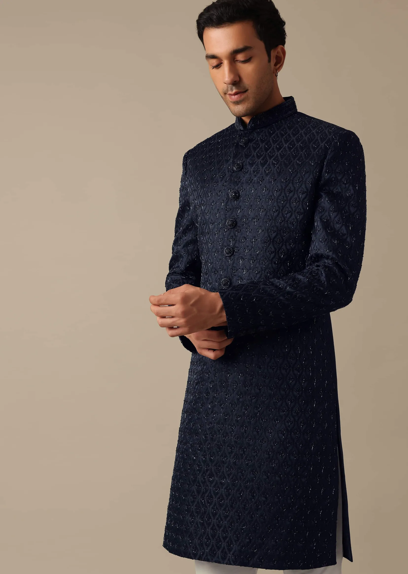 Navy Blue Jacquard Sherwani Set With Cutdana Embroidery