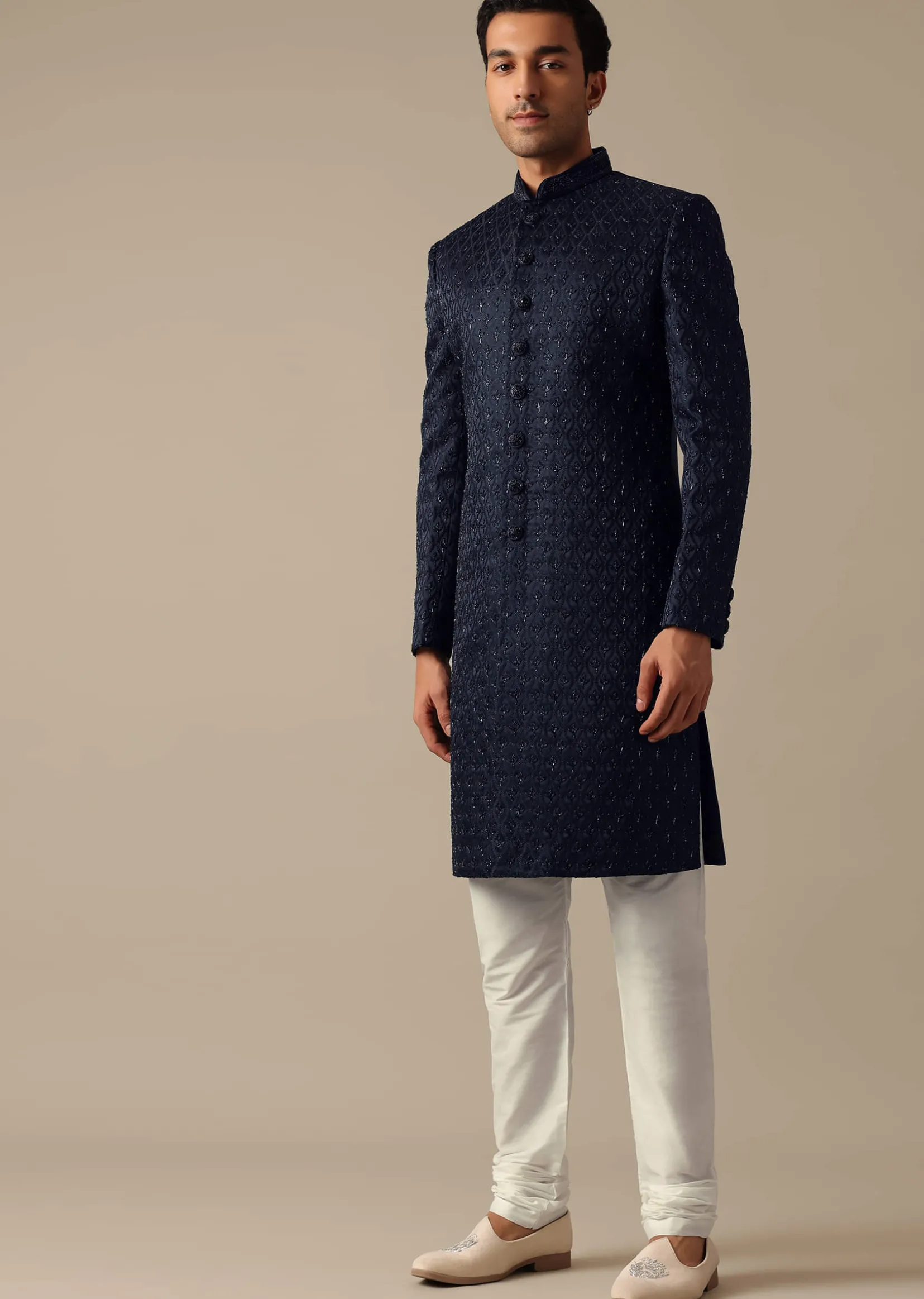 Navy Blue Jacquard Sherwani Set With Cutdana Embroidery