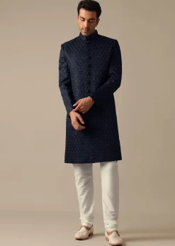 Navy Blue Jacquard Sherwani Set With Cutdana Embroidery