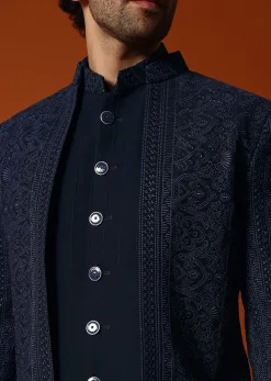 Navy Blue Jodhpuri Set In Resham Work For Men