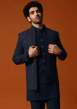 Navy Blue Jodhpuri Set In Resham Work For Men