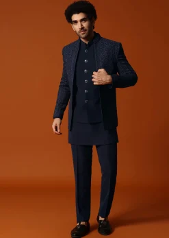 Navy Blue Jodhpuri Set In Resham Work For Men