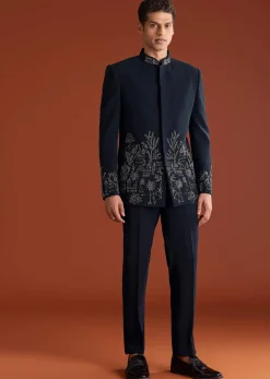 Navy Blue Jodhpuri Suit In Lachkaa Fabric With Hand Embroidery