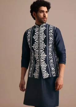 Navy Blue Kurta Jacket Set With Thread And Mirror Work