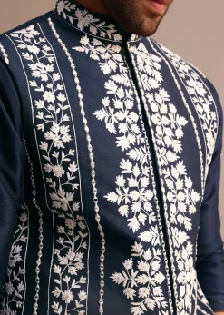Navy Blue Kurta Jacket Set With Thread And Mirror Work