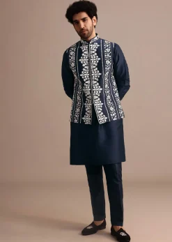 Navy Blue Kurta Jacket Set With Thread And Mirror Work