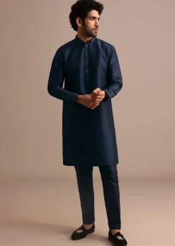 Navy Blue Kurta Jacket Set With Thread And Mirror Work
