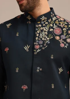 Navy Blue Kurta Jacket Set With Floral Embroidered Motifs