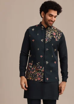 Navy Blue Kurta Jacket Set With Floral Embroidered Motifs