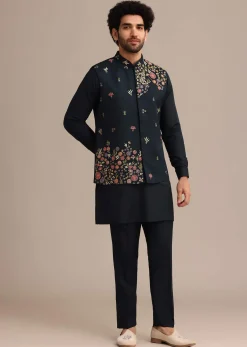 Navy Blue Kurta Jacket Set With Floral Embroidered Motifs