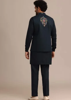 Navy Blue Kurta Jacket Set With Floral Embroidered Motifs