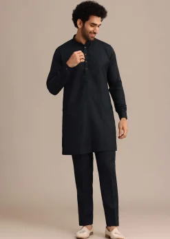 Navy Blue Kurta Jacket Set With Floral Embroidered Motifs