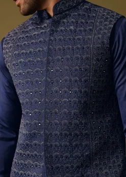 Navy Blue Kurta Jacket Set With Resham And Mirror Work For Men