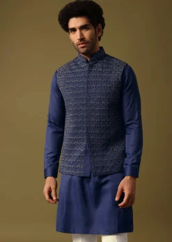 Navy Blue Kurta Jacket Set With Resham And Mirror Work For Men