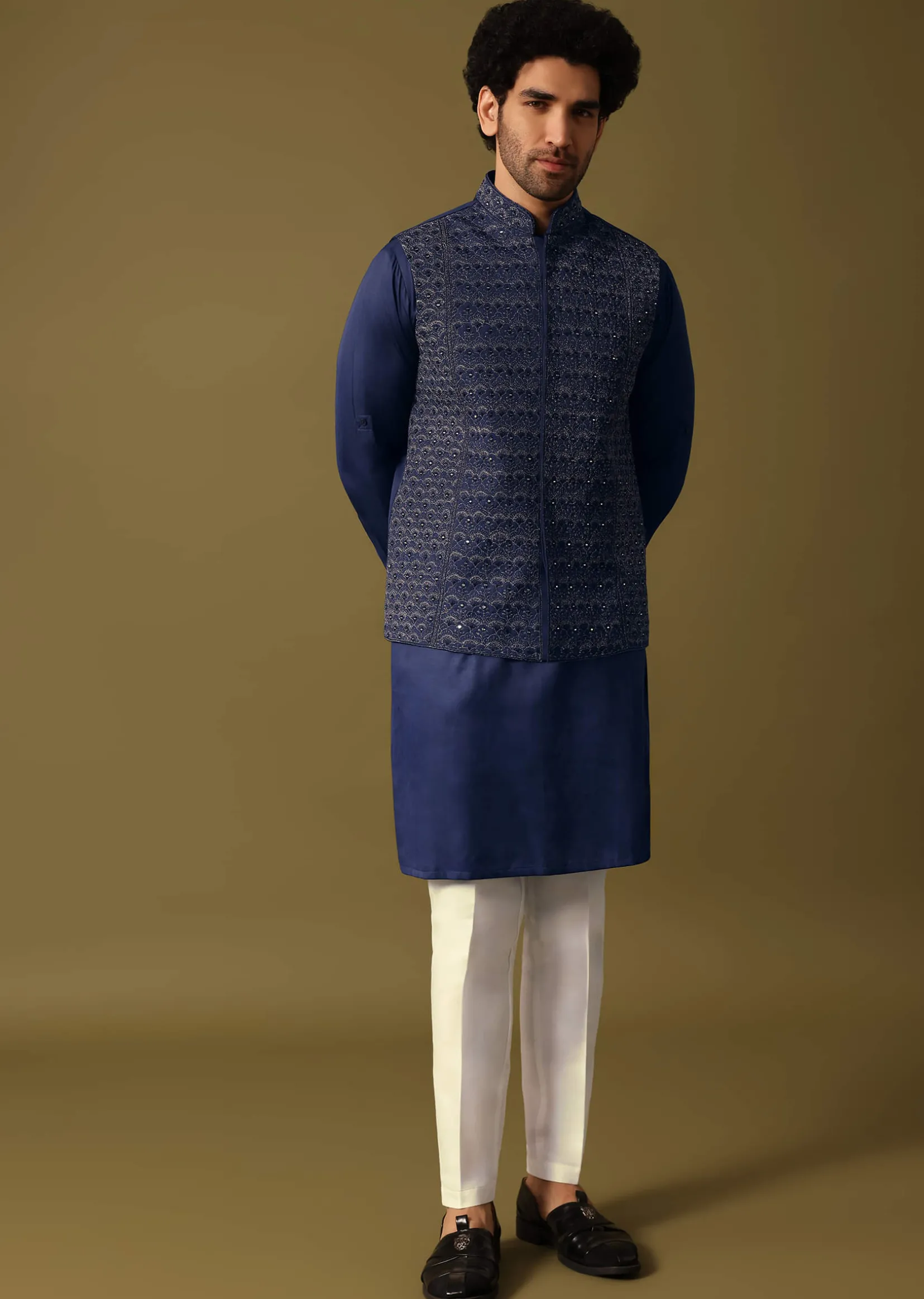 Navy Blue Kurta Jacket Set With Resham And Mirror Work For Men