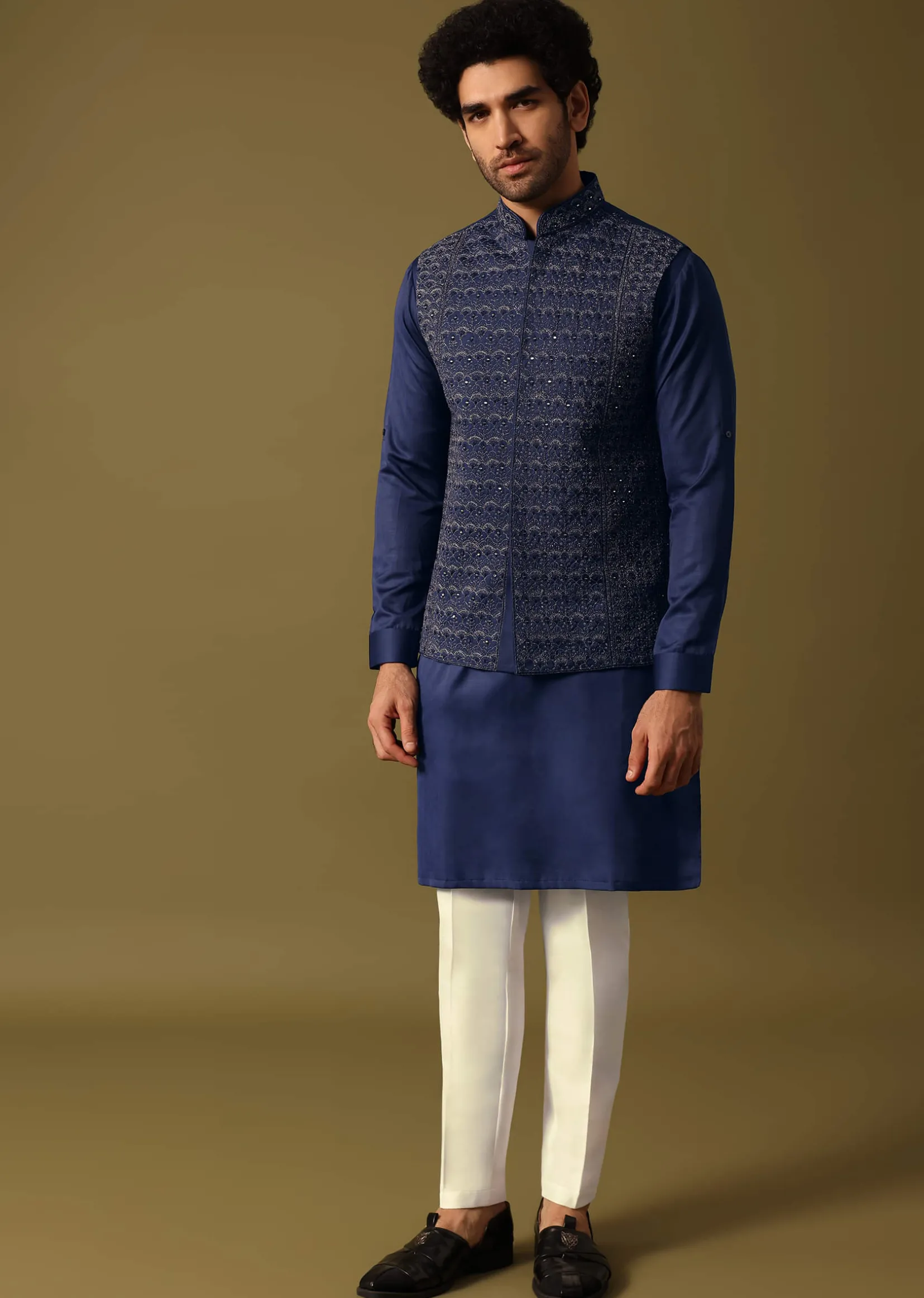 Navy Blue Kurta Jacket Set With Resham And Mirror Work For Men