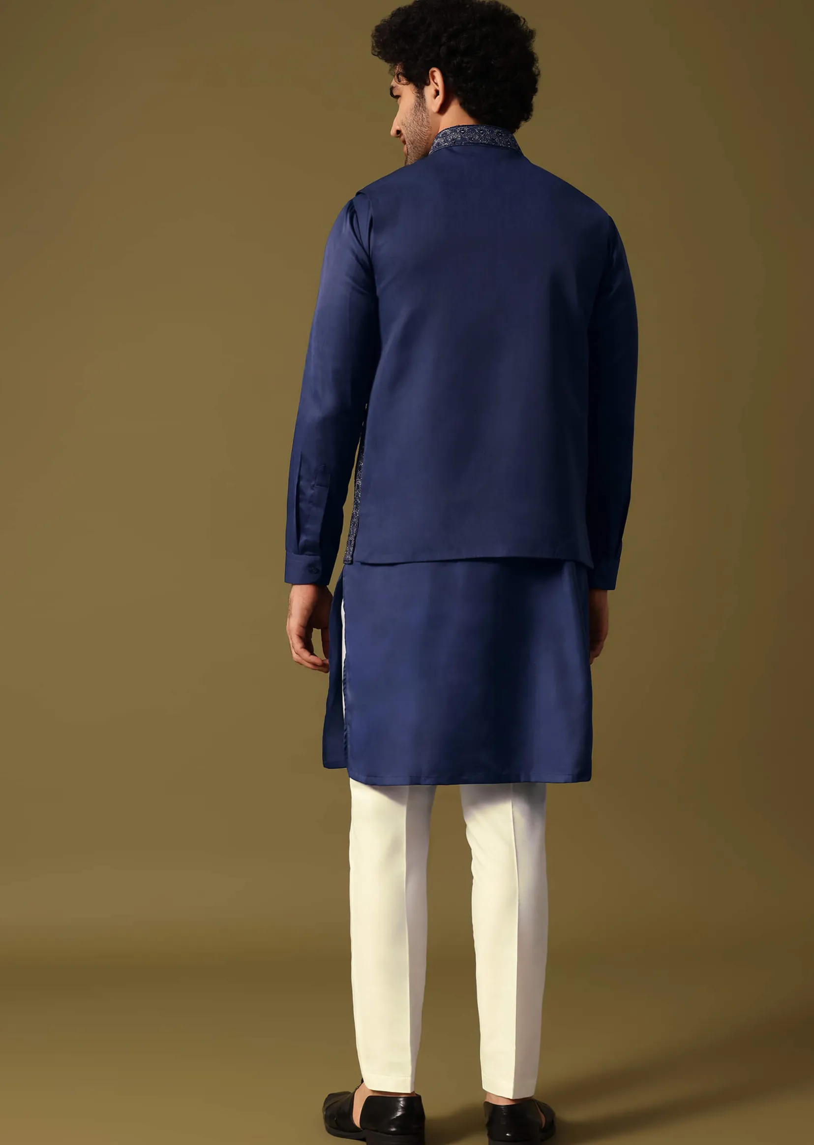 Navy Blue Kurta Jacket Set With Resham And Mirror Work For Men