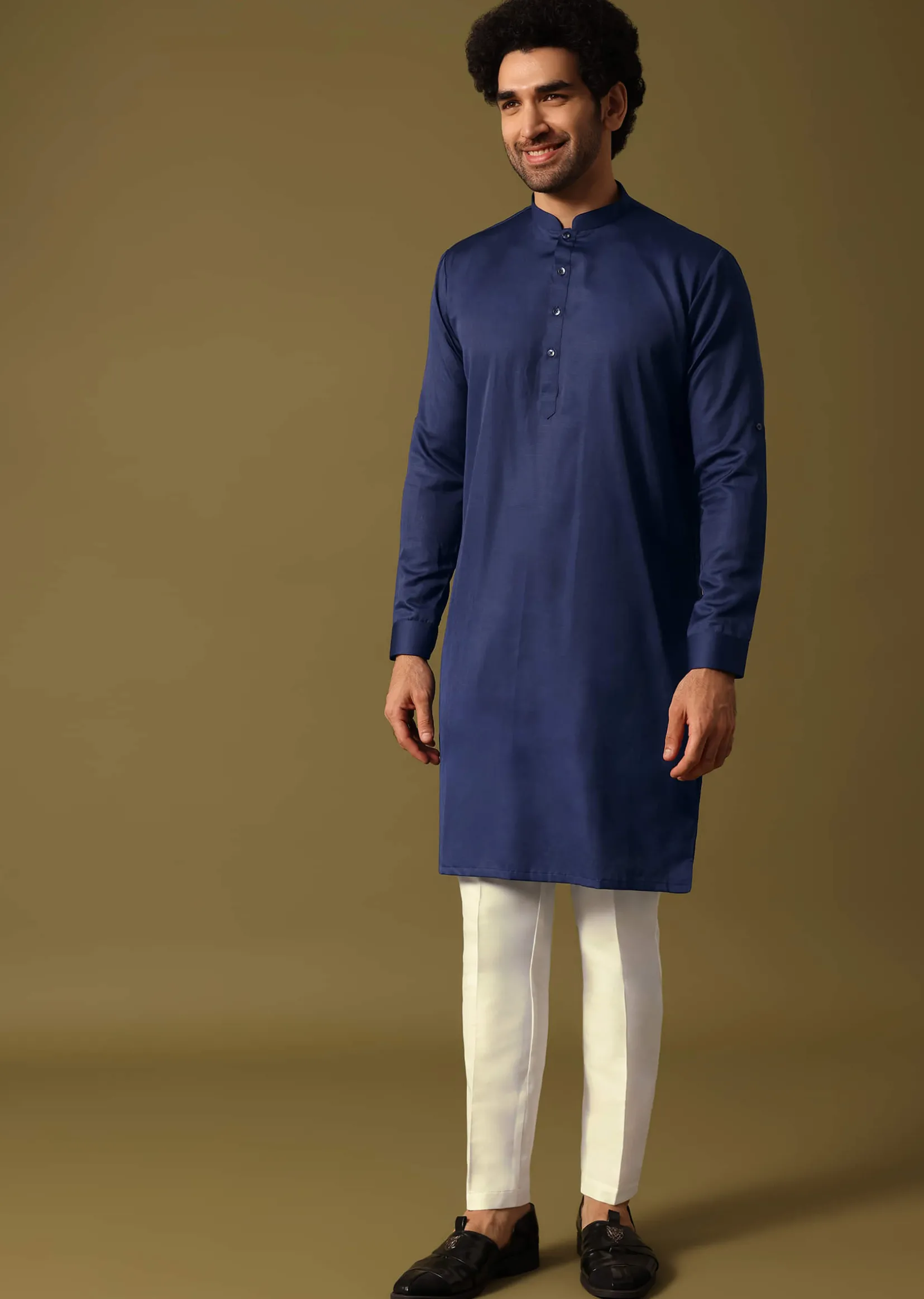Navy Blue Kurta Jacket Set With Resham And Mirror Work For Men