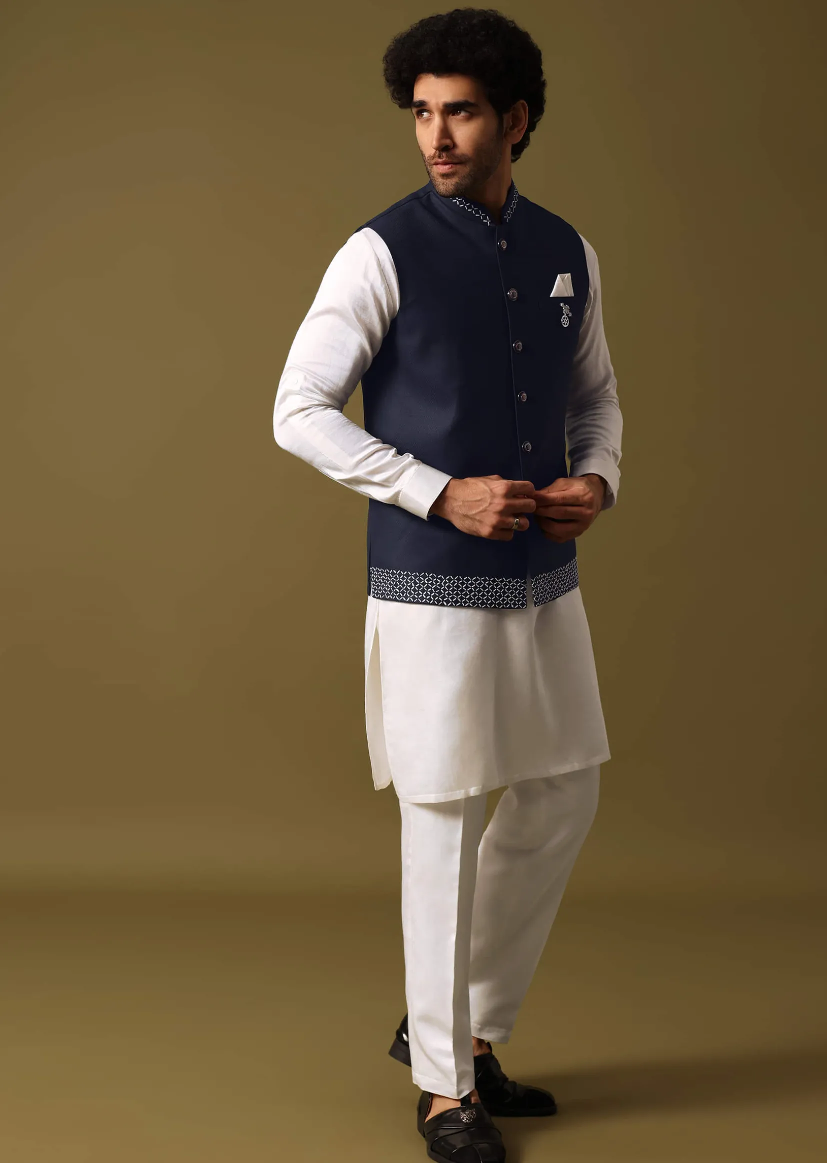 Navy Blue Kurta Jacket Set With Resham Work For Men