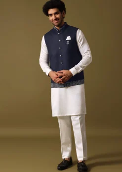 Navy Blue Kurta Jacket Set With Resham Work For Men