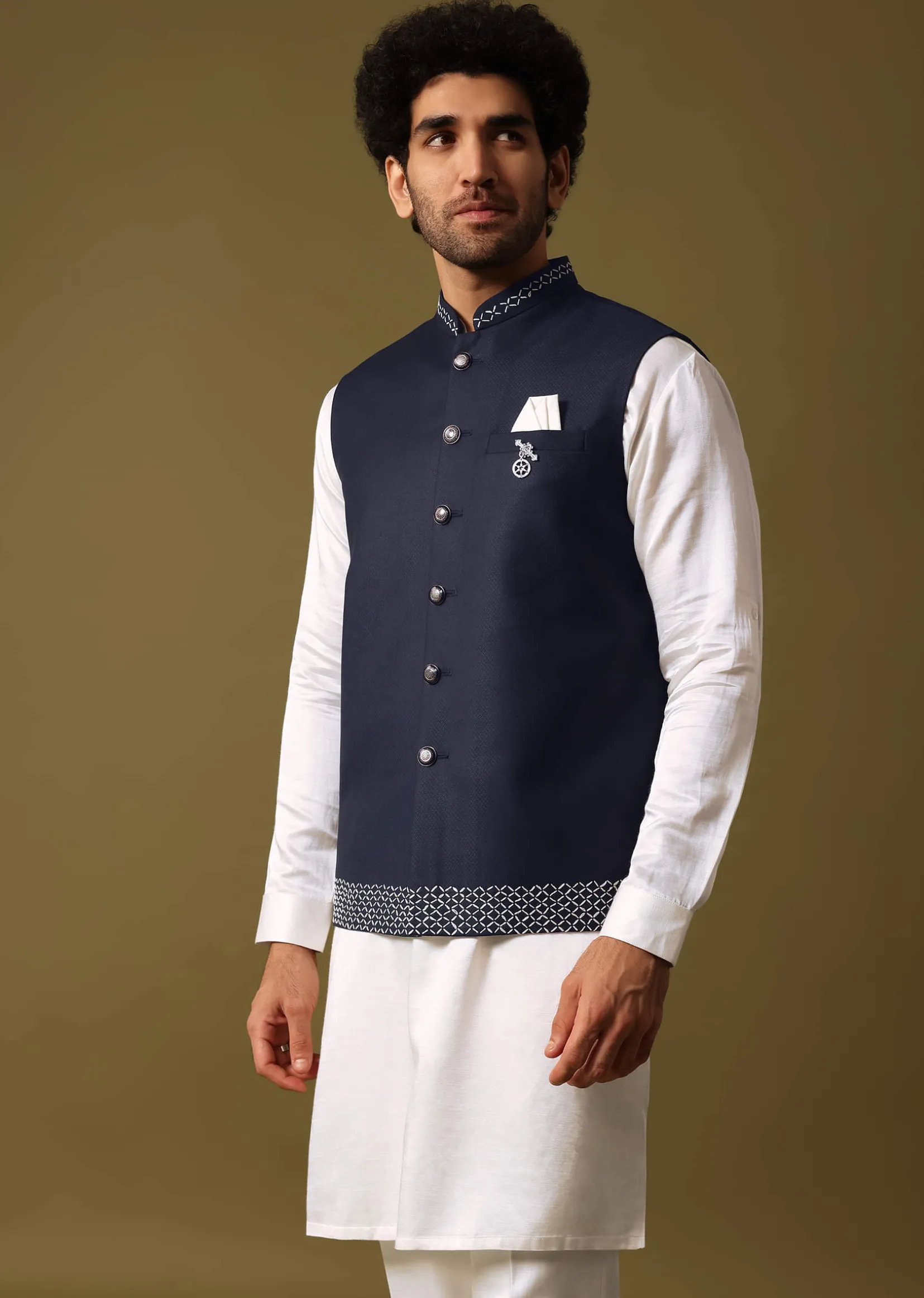 Navy Blue Kurta Jacket Set With Resham Work For Men