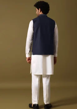 Navy Blue Kurta Jacket Set With Resham Work For Men