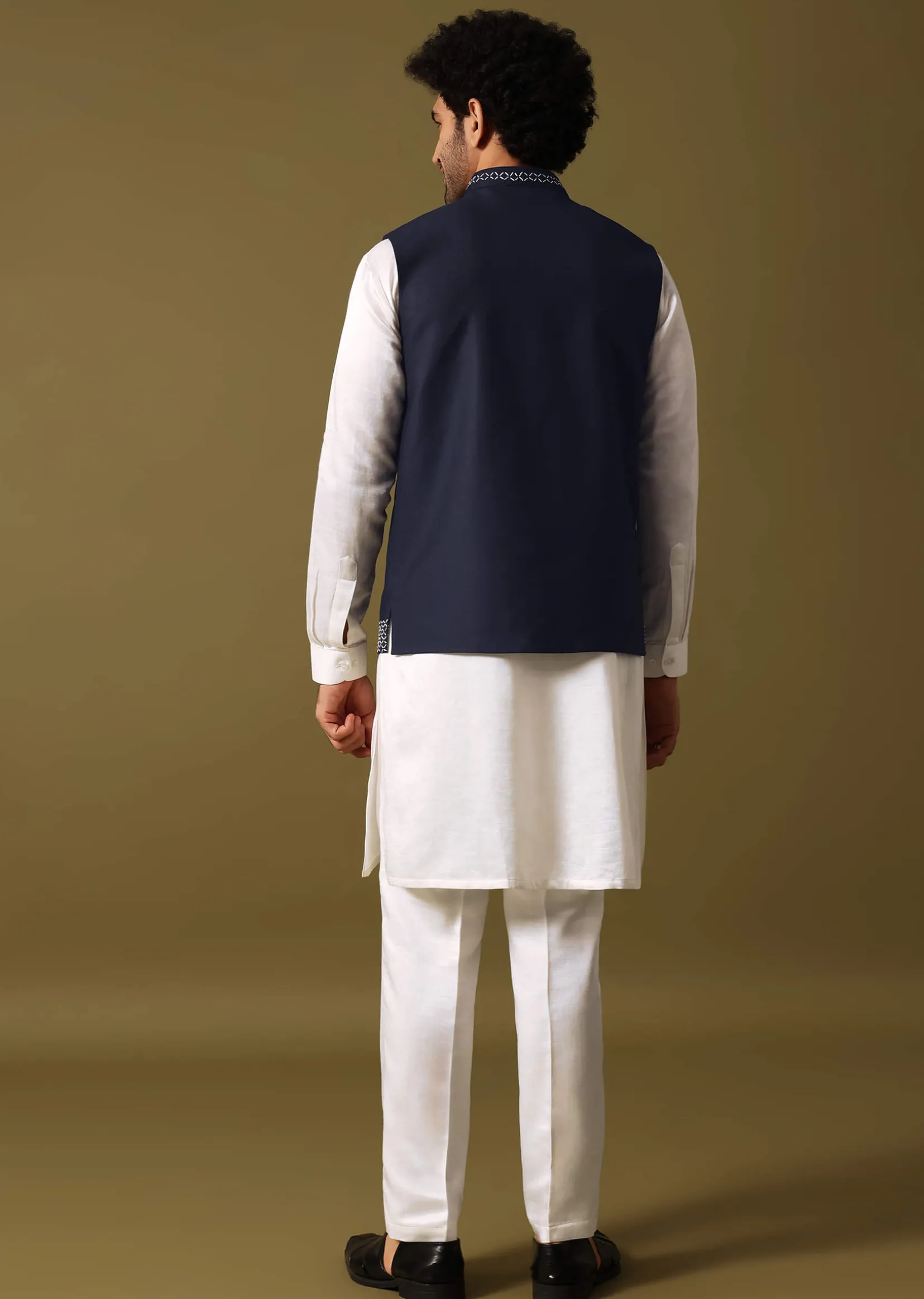 Navy Blue Kurta Jacket Set With Resham Work For Men