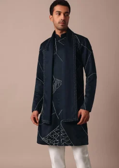 Navy Blue Kurta Set With Dupatta And Hand Work Detail