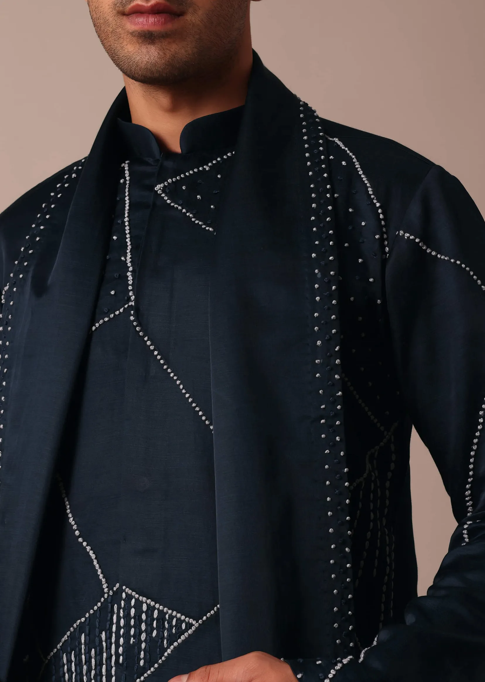 Navy Blue Kurta Set With Dupatta And Hand Work Detail