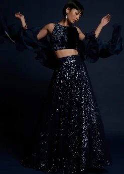 Navy Blue Lehenga Embellished In Sequins With Cut Dana Embellished Crop Top And Ruffle Dupatta