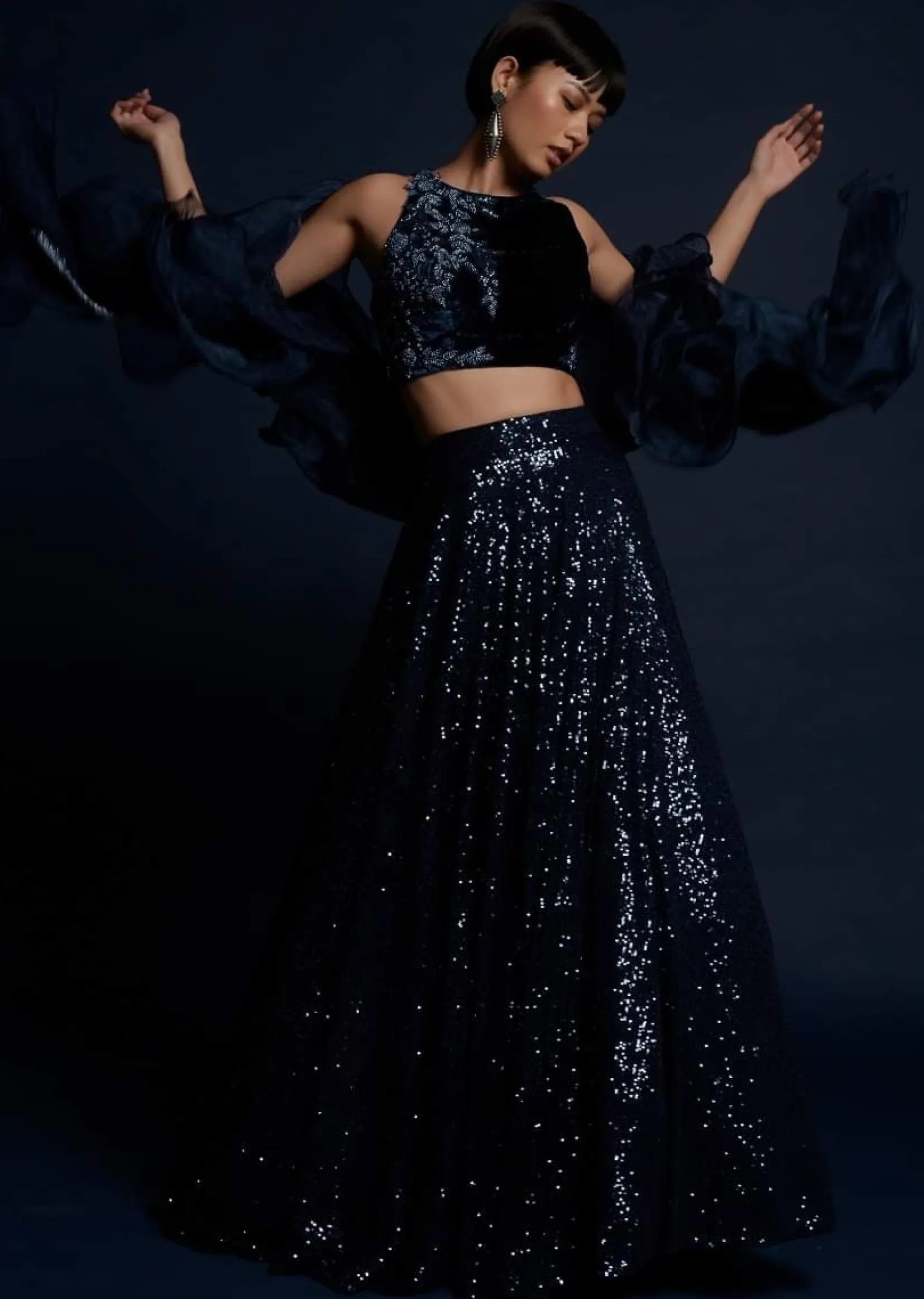 Navy Blue Lehenga Embellished In Sequins With Cut Dana Embellished Crop Top And Ruffle Dupatta