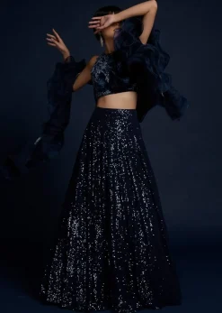 Navy Blue Lehenga Embellished In Sequins With Cut Dana Embellished Crop Top And Ruffle Dupatta