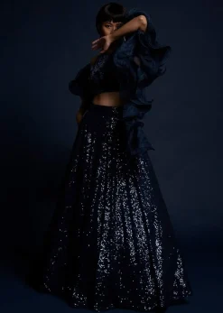 Navy Blue Lehenga Embellished In Sequins With Cut Dana Embellished Crop Top And Ruffle Dupatta
