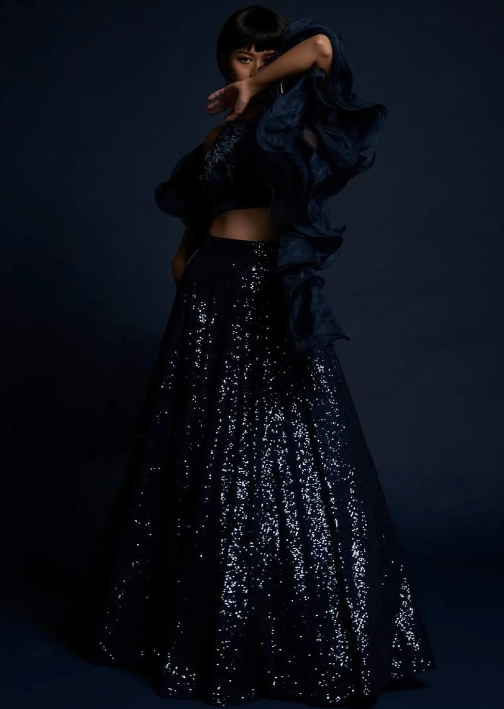 Navy Blue Lehenga Embellished In Sequins With Cut Dana Embellished Crop Top And Ruffle Dupatta