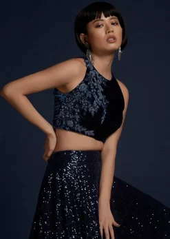 Navy Blue Lehenga Embellished In Sequins With Cut Dana Embellished Crop Top And Ruffle Dupatta