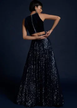 Navy Blue Lehenga Embellished In Sequins With Cut Dana Embellished Crop Top And Ruffle Dupatta