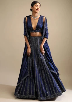 Navy Blue Lehenga In Satin Blend Embellished With Kundan Work In Striped Design