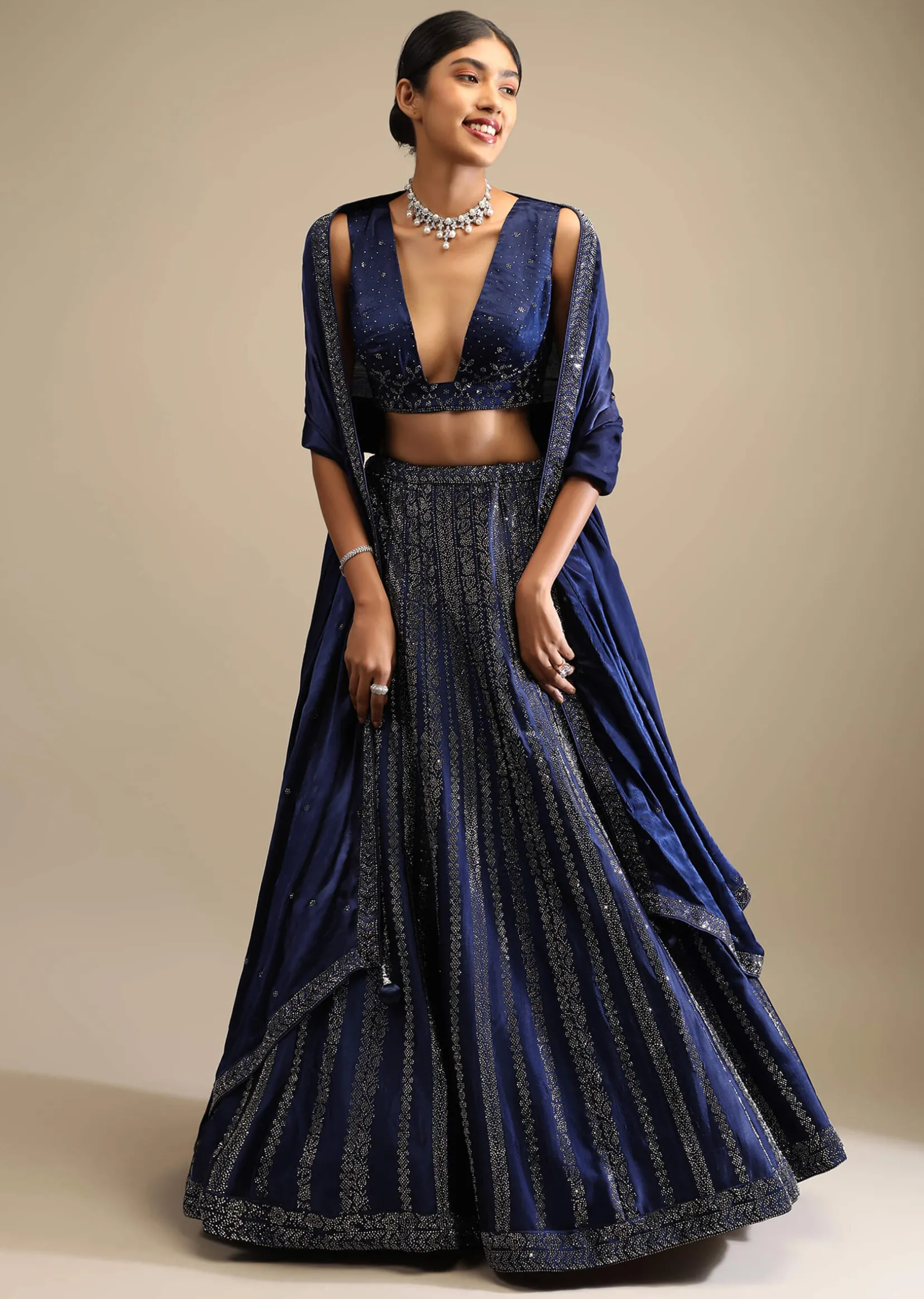 Navy Blue Lehenga In Satin Blend Embellished With Kundan Work In Striped Design