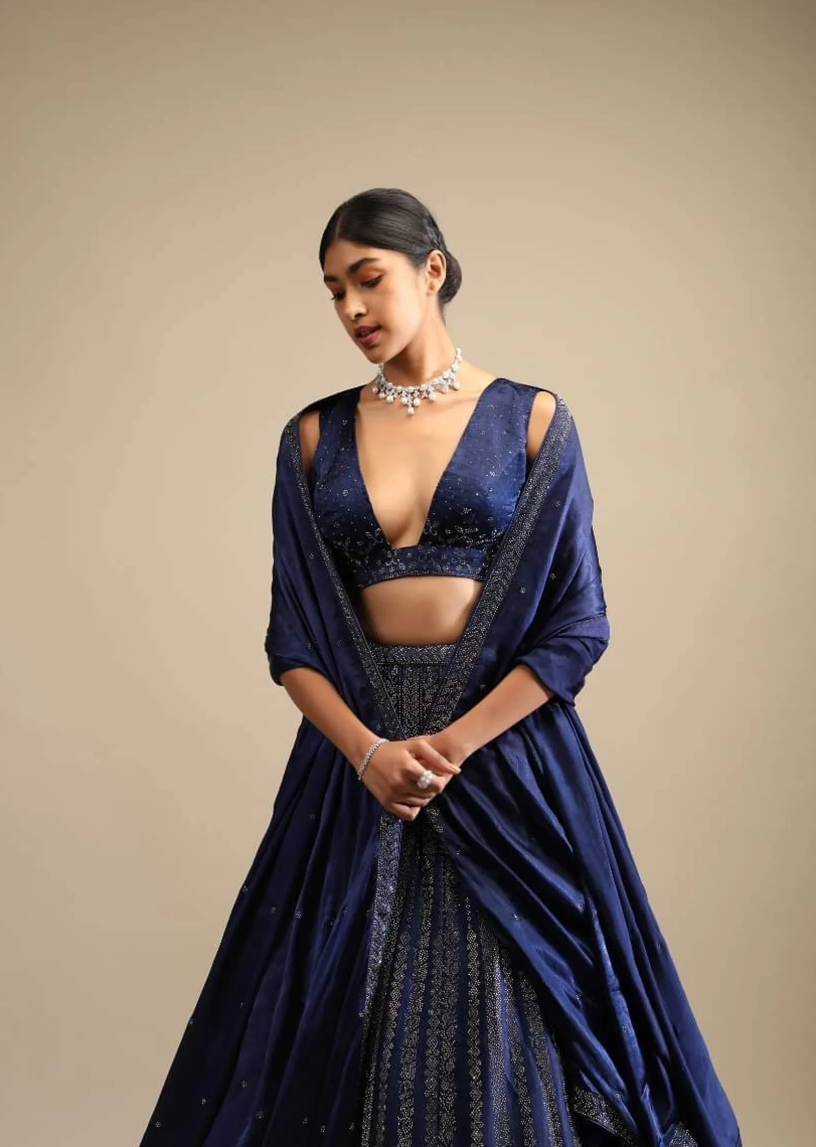 Navy Blue Lehenga In Satin Blend Embellished With Kundan Work In Striped Design